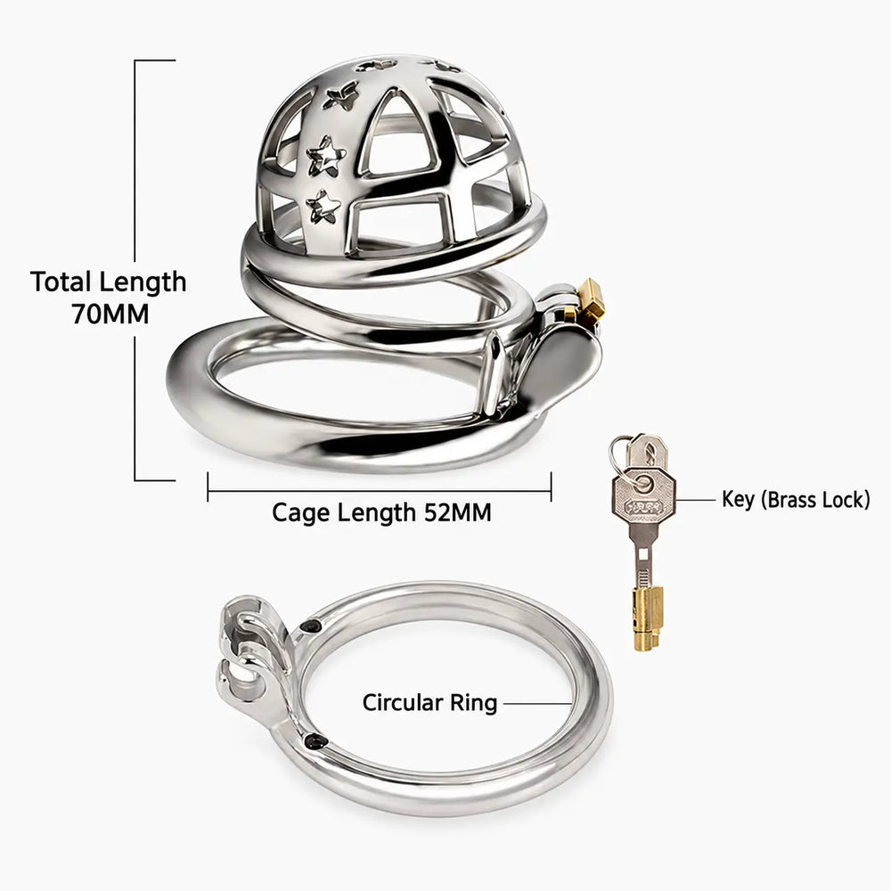JTS S221 Medium circular-ring size diagram marking 52 mm cage length and 70 mm overall span, with a detached ring and key	