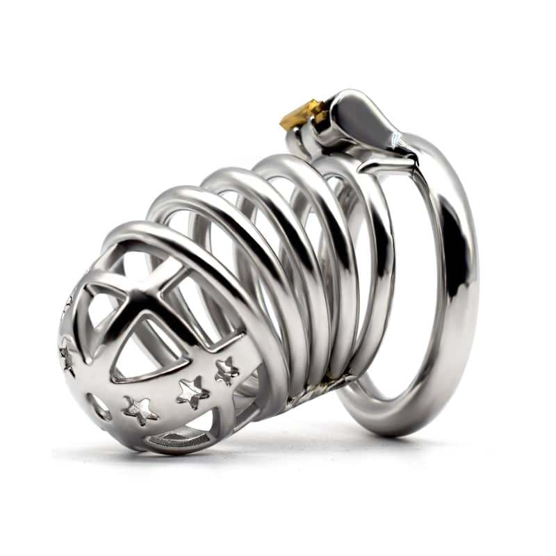 Angled view of the JTS S221 XL stainless steel cage showing its ringed shaft and star-detailed front	