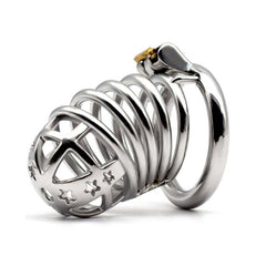 Angled view of the JTS S221 XL stainless steel cage showing its ringed shaft and star-detailed front	
