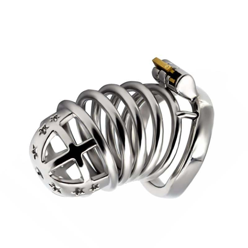 Angled view of the JTS S221 XL cage showing its star-detailed front and curved base ring	