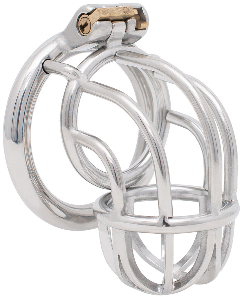 JTS S222 open-frame stainless steel chastity cage with circular base ring and integrated lock