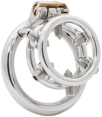 S231 open-end stainless steel chastity cage with six adjustable screws and circular back ring