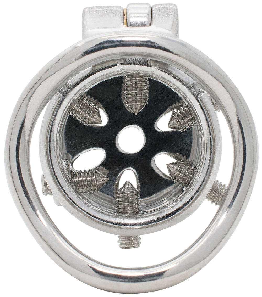 Back view of the S232 enclosed spiked chastity cage with adjustable screws