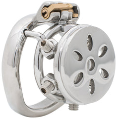 S232 enclosed spiked stainless steel chastity cage with curved back ring