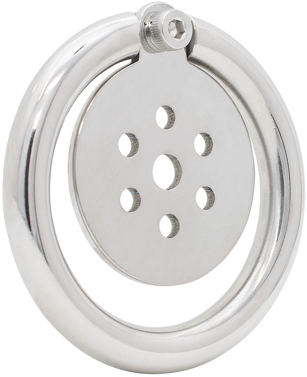 Angled view of the S235 flat stainless steel chastity cage with circular back ring