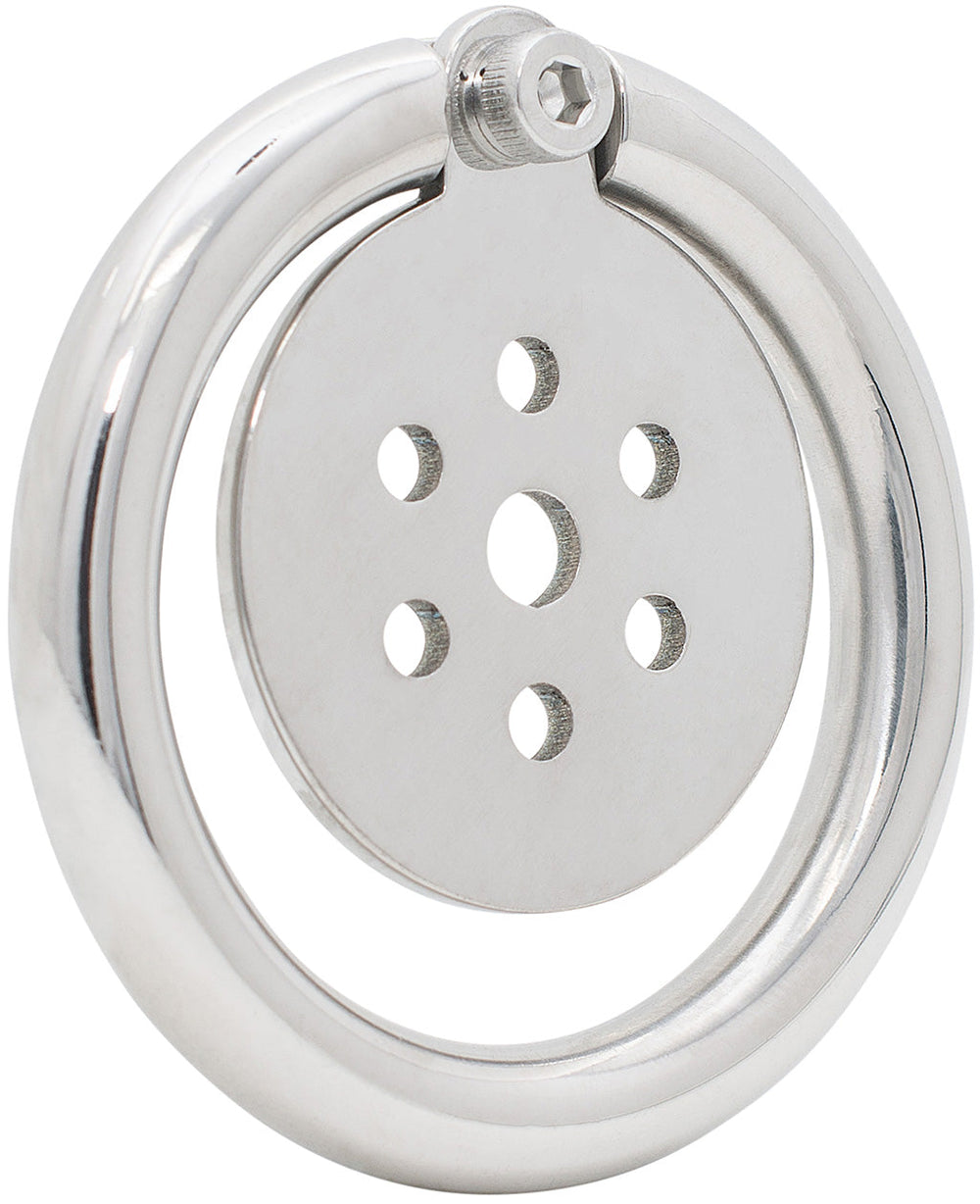 Angled view of the S235 flat stainless steel chastity cage with circular back ring