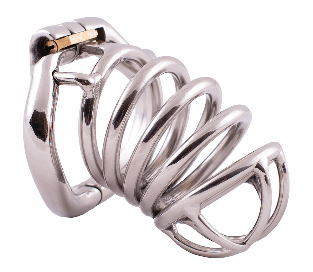 S99 open-front stainless steel chastity cage in large size with hinged base ring