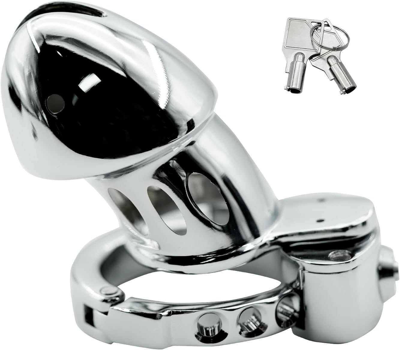 Sculpted adjustable metal chastity cage ZC-053 angled view