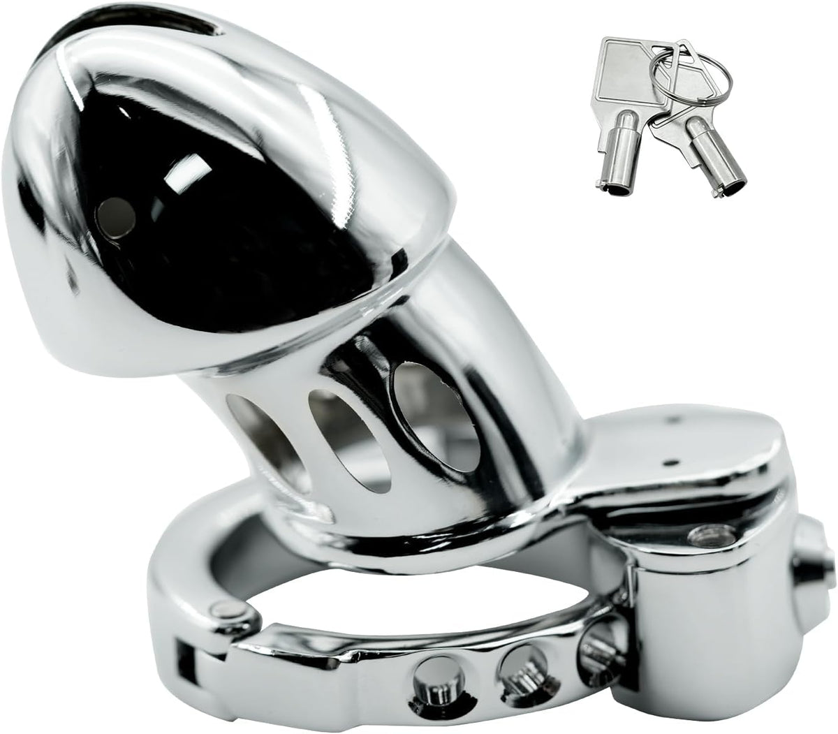 Sculpted adjustable metal chastity cage ZC-053 angled view