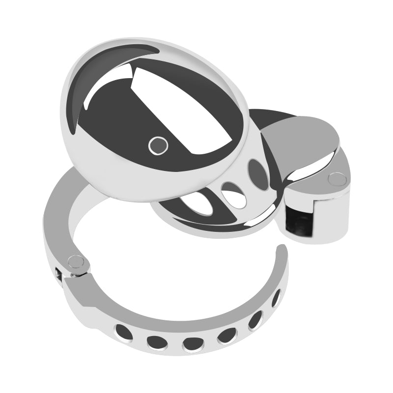 Hinge detail on sculpted metal chastity cage ZC-053