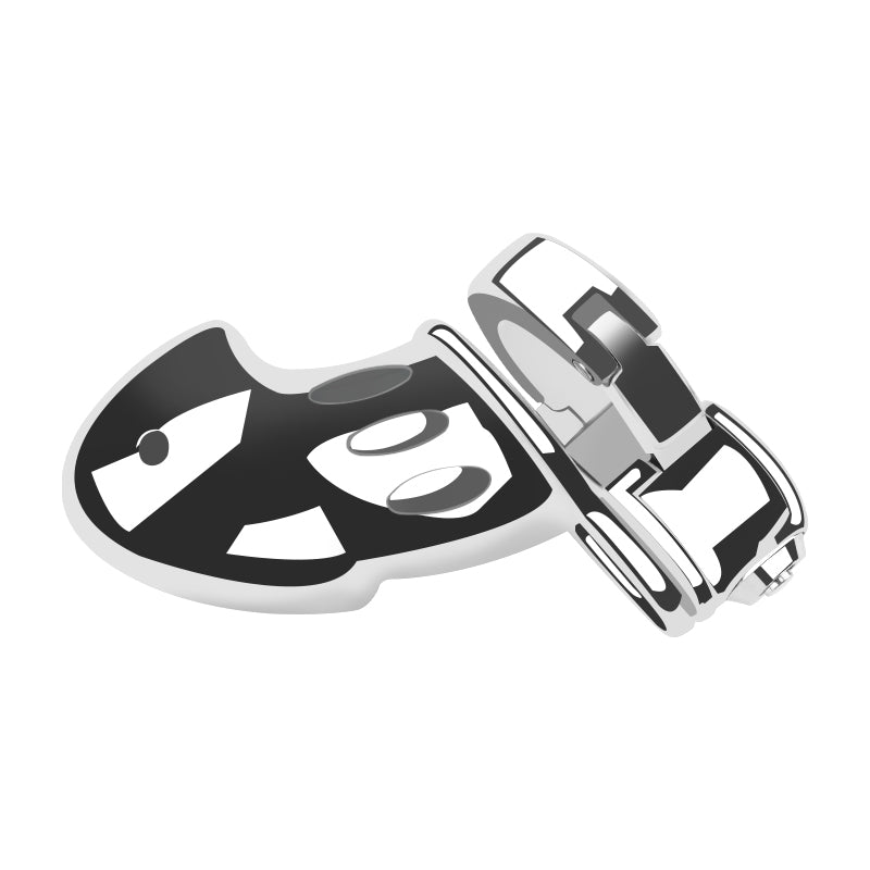 Profile view of sculpted metal chastity cage ZC-053