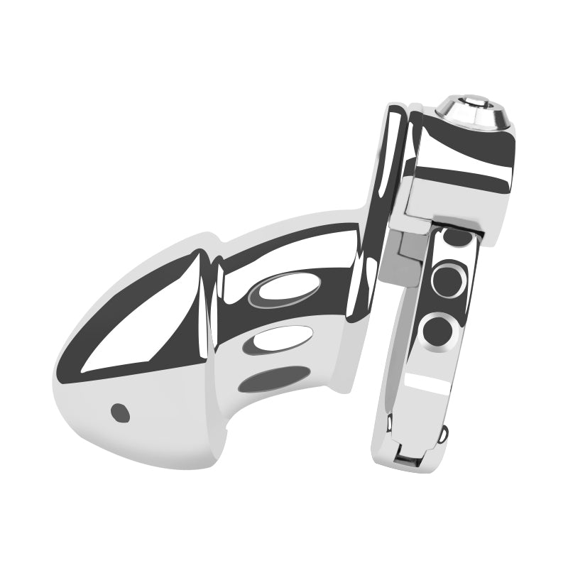 Side view of sculpted metal chastity cage ZC-053