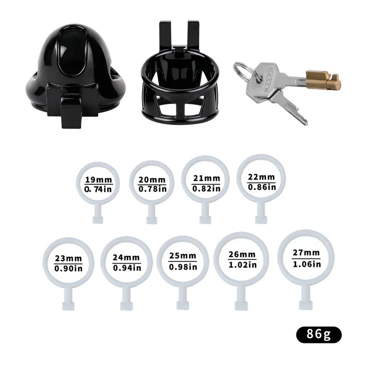 ABS shaft-only cage with nine glans rings from 19 to 27 mm