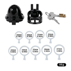 ABS shaft-only cage with nine glans rings from 19 to 27 mm