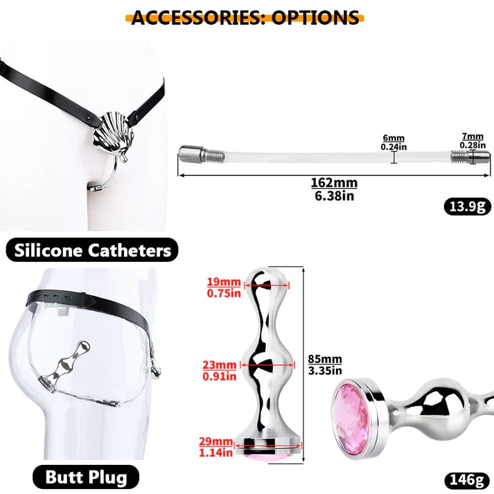 Optional silicone catheter and butt plug for shell chastity belt