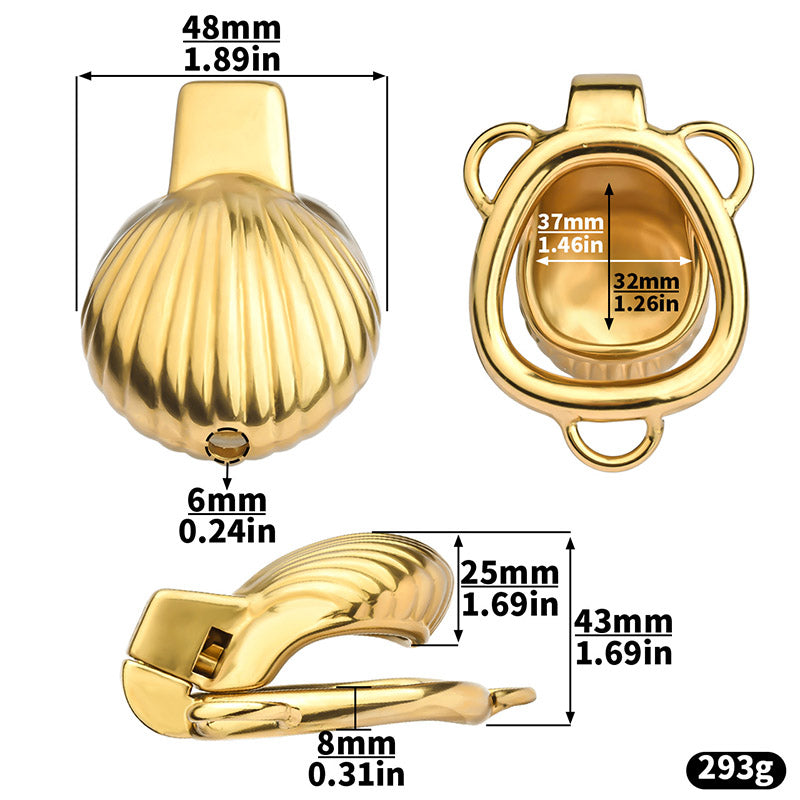 Shell-shaped steel chastity cage dimension chart and 293 gram weight