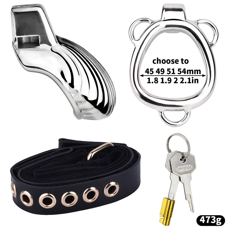 Silver shell chastity cage package with black belt, lock and keys