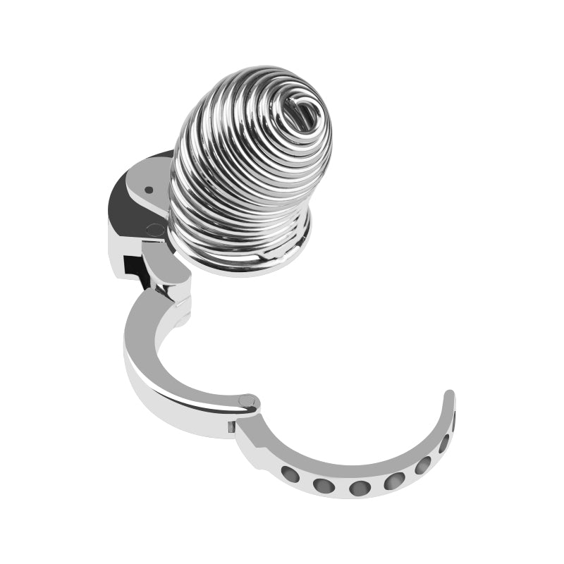 Side view of spiral skeletonized metal chastity cage ZC-066