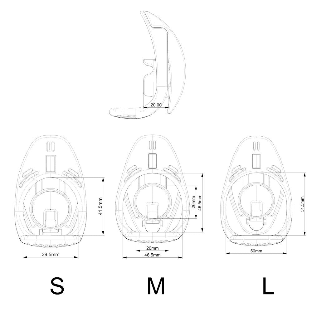 S, M and L frame dimension diagram with a 26 by 26 mm central section marked on M and a static 20 mm side gap	
