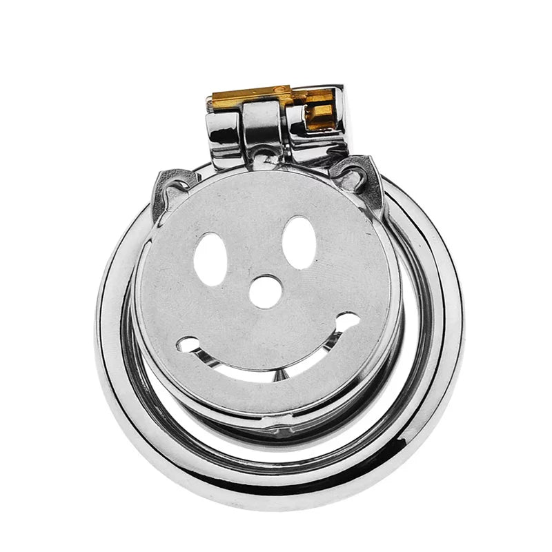 Back view of smiley-face flat metal chastity cage