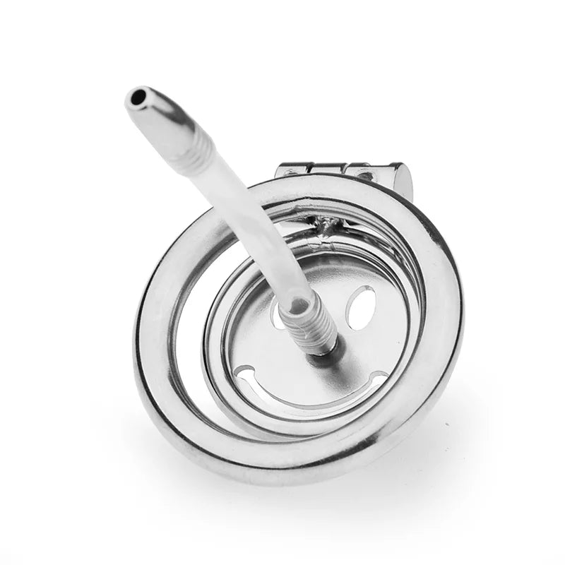 Smiley flat metal chastity cage with silicone catheter back view
