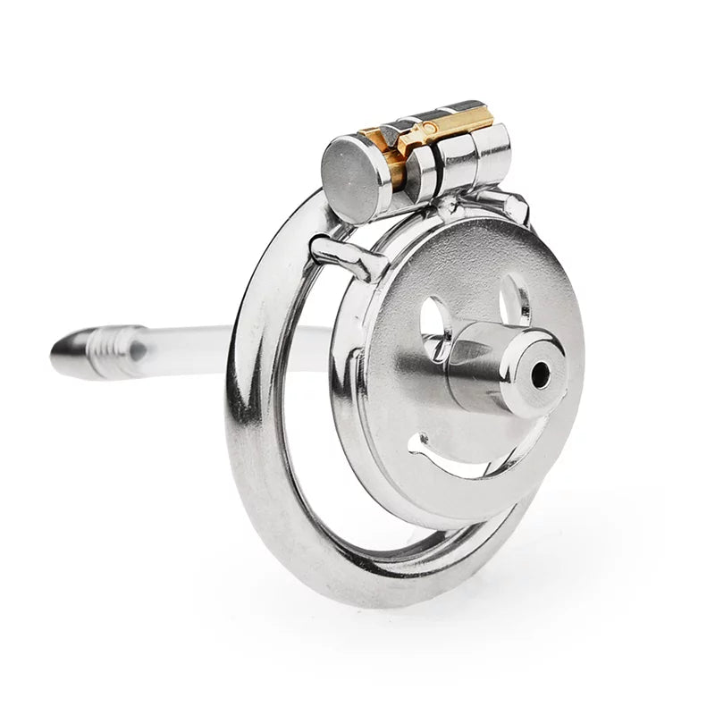 Smiley flat metal chastity cage with silicone catheter front view