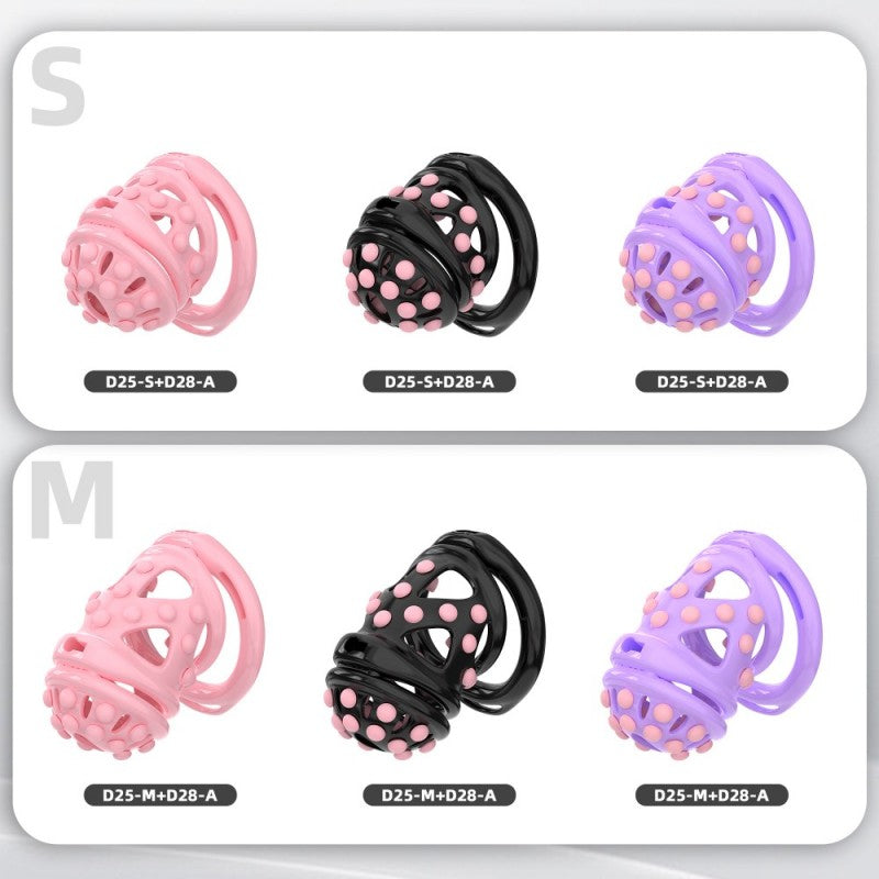 Black, pink and purple soft-nail chastity cages in S and M