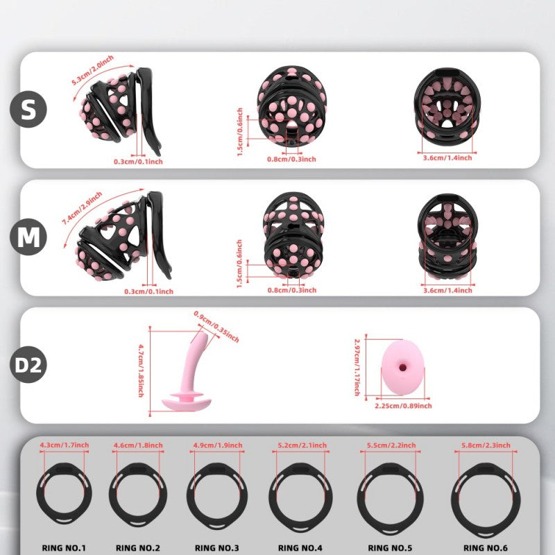 Soft-nail chastity cage S and M dimensions with six base-ring sizes