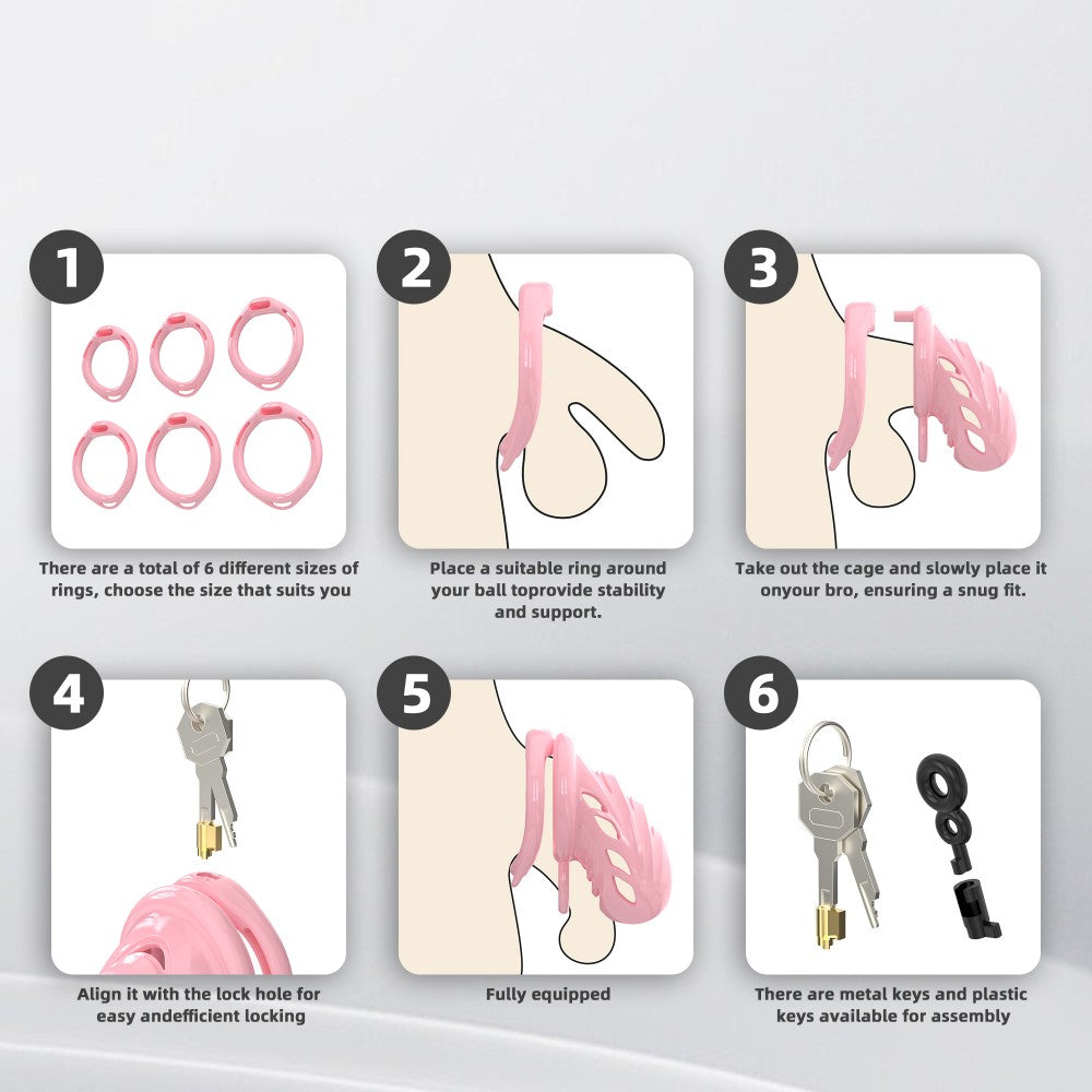 Soft-node chastity cage fitting steps with rings and lock