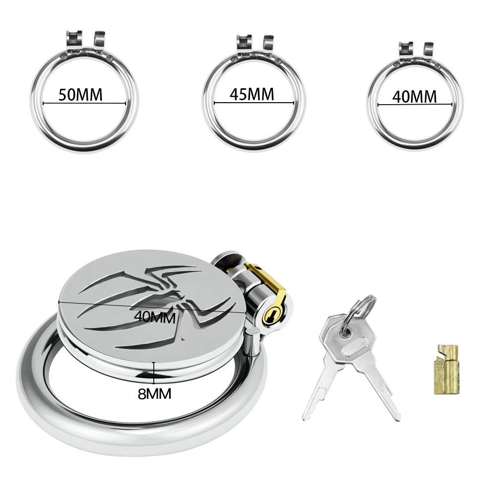 Spider-emblem flat chastity cage with 40mm 45mm and 50mm ring options
