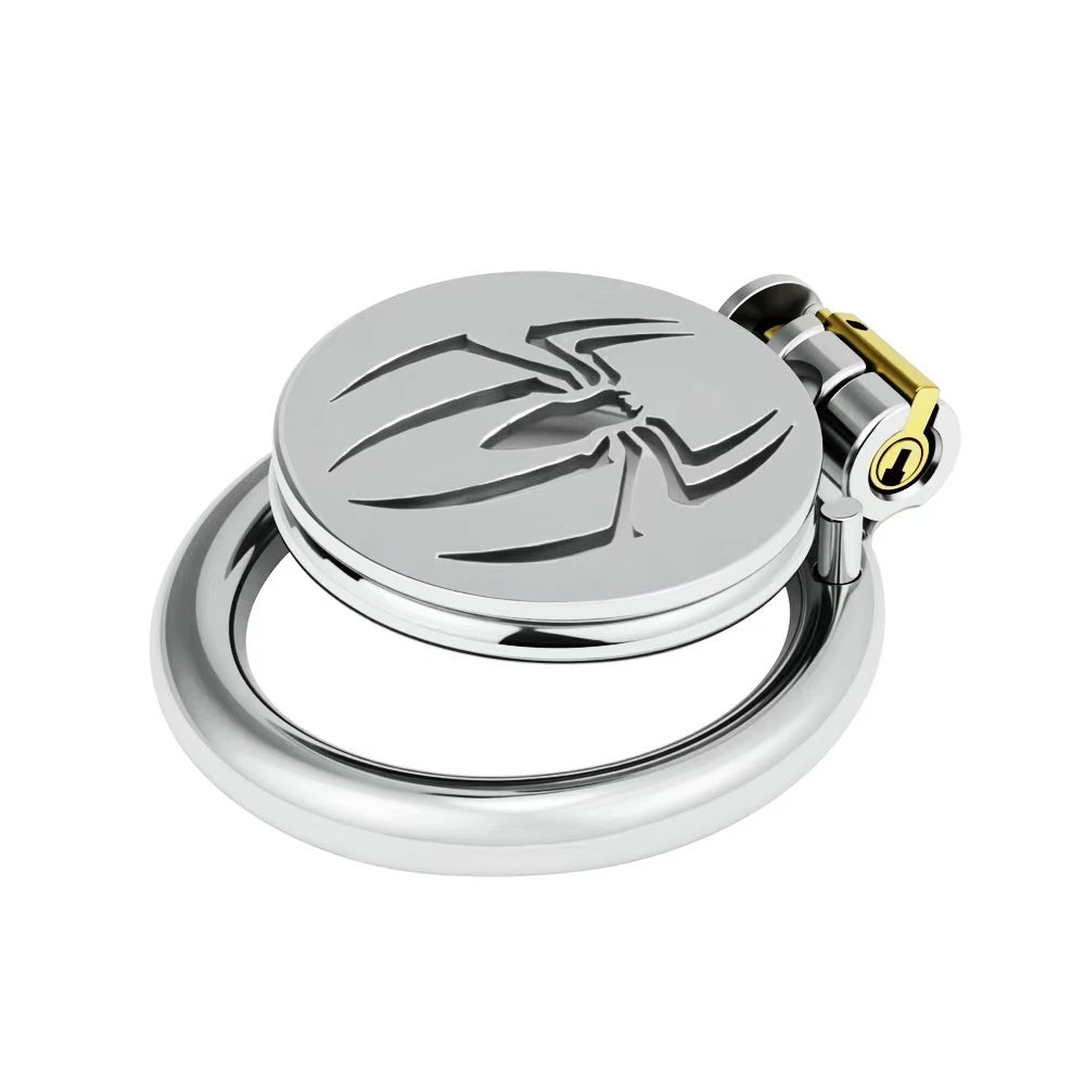 Angled view of spider-emblem flat stainless steel chastity cage