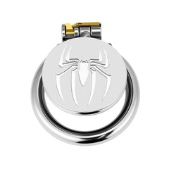 Spider-emblem flat stainless steel chastity cage front view