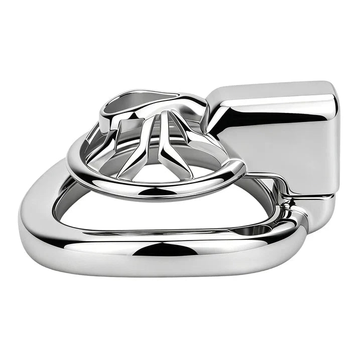 Low-angle view of the F328A spider metal chastity cage