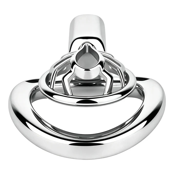 Rear view of the F328A spider-design metal chastity cage and base ring