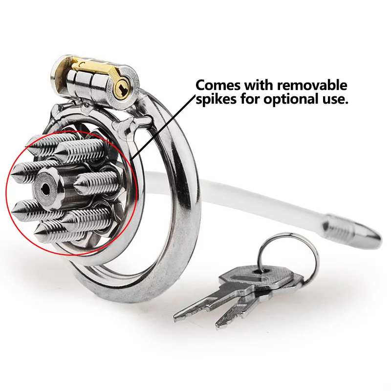 Spiked flat chastity cage with silicone catheter and removable spikes shown