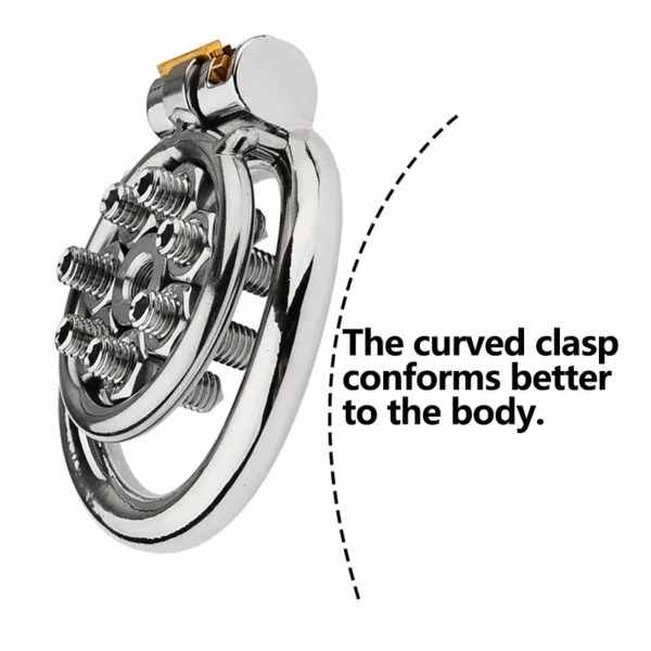 Side view of spiked flat chastity cage with curved base ring