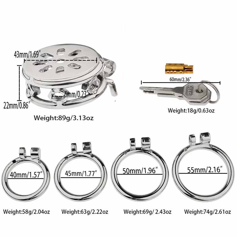 Spiked flat chastity cage dimensions and 40mm to 55mm ring options