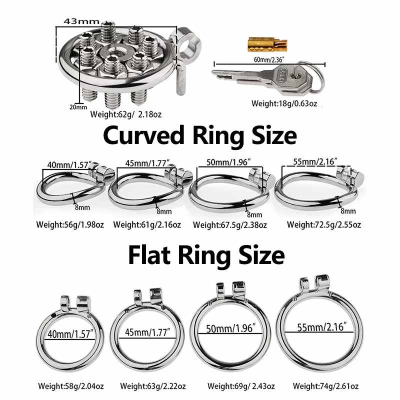 Spiked flat chastity cage dimensions with curved and flat ring sizes