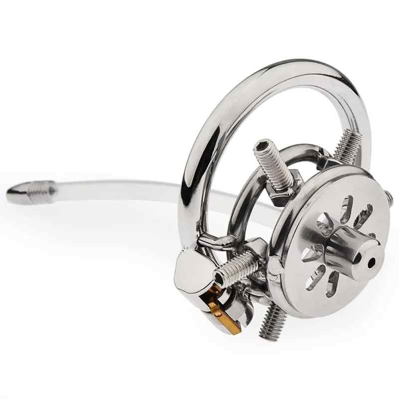 Back view of spiked flat metal chastity cage with catheter shown