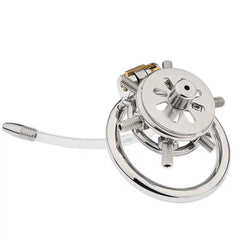 Spiked flat metal chastity cage shown with silicone catheter