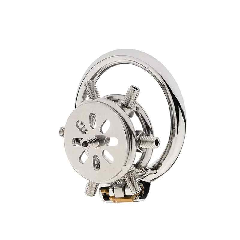 Side view of spiked flat metal chastity cage and base ring