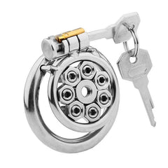 Front view of spiked flat stainless steel chastity cage