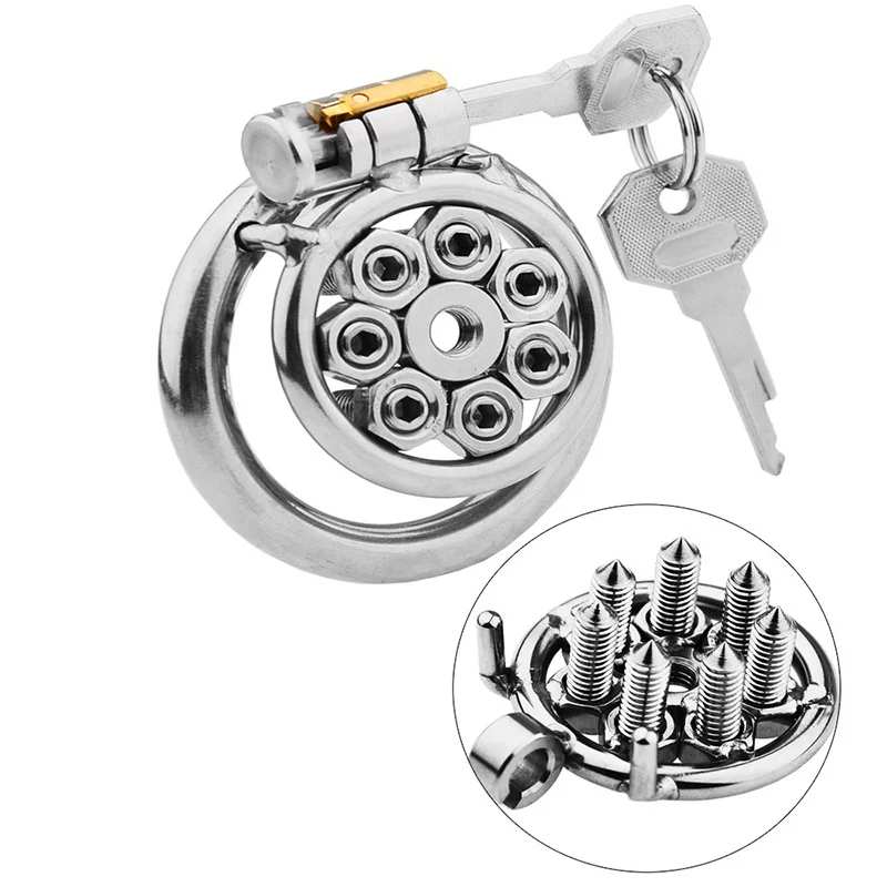 Spiked flat stainless steel chastity cage with lock and removable spike plate