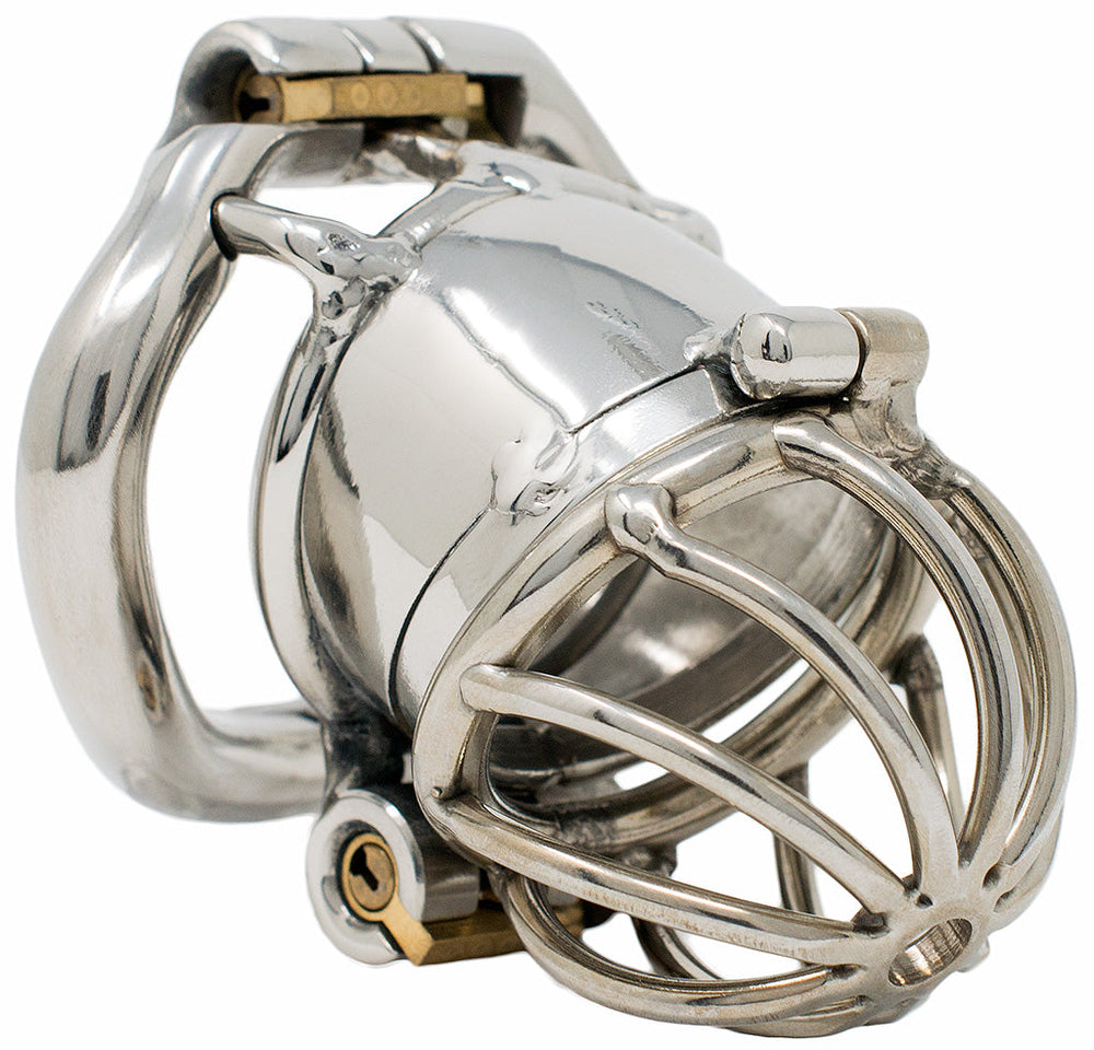 SSC76 open-frame stainless steel chastity cage with removable tip and dual locks