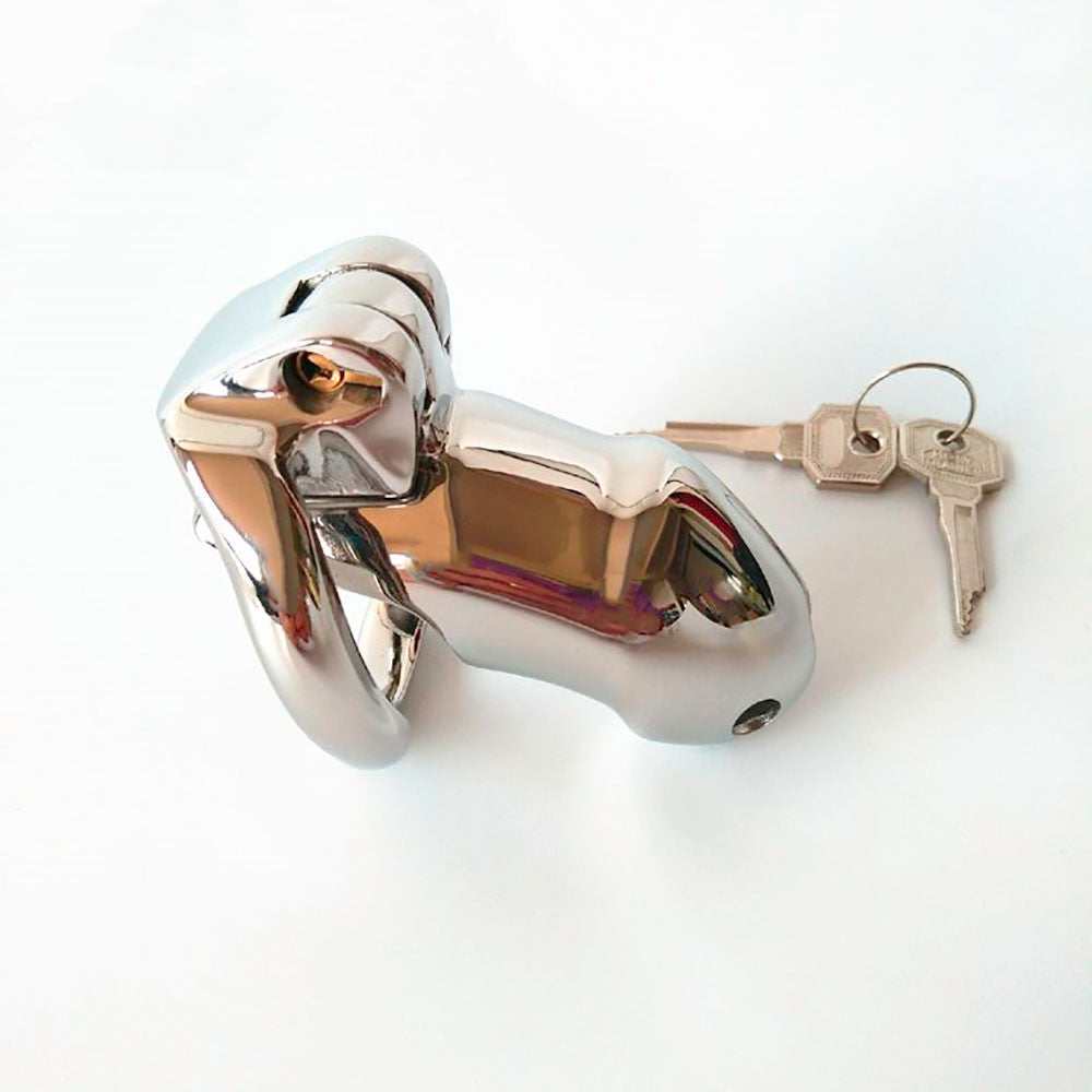 Sleek stainless steel Holy Trainer V2 male chastity cage shown with two silver keys on a white background.