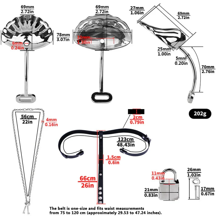 Steel shell chastity belt and hardware dimension chart