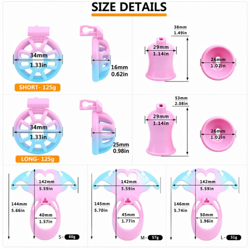 Succubus Heart short and long cage dimension chart with ring sizes