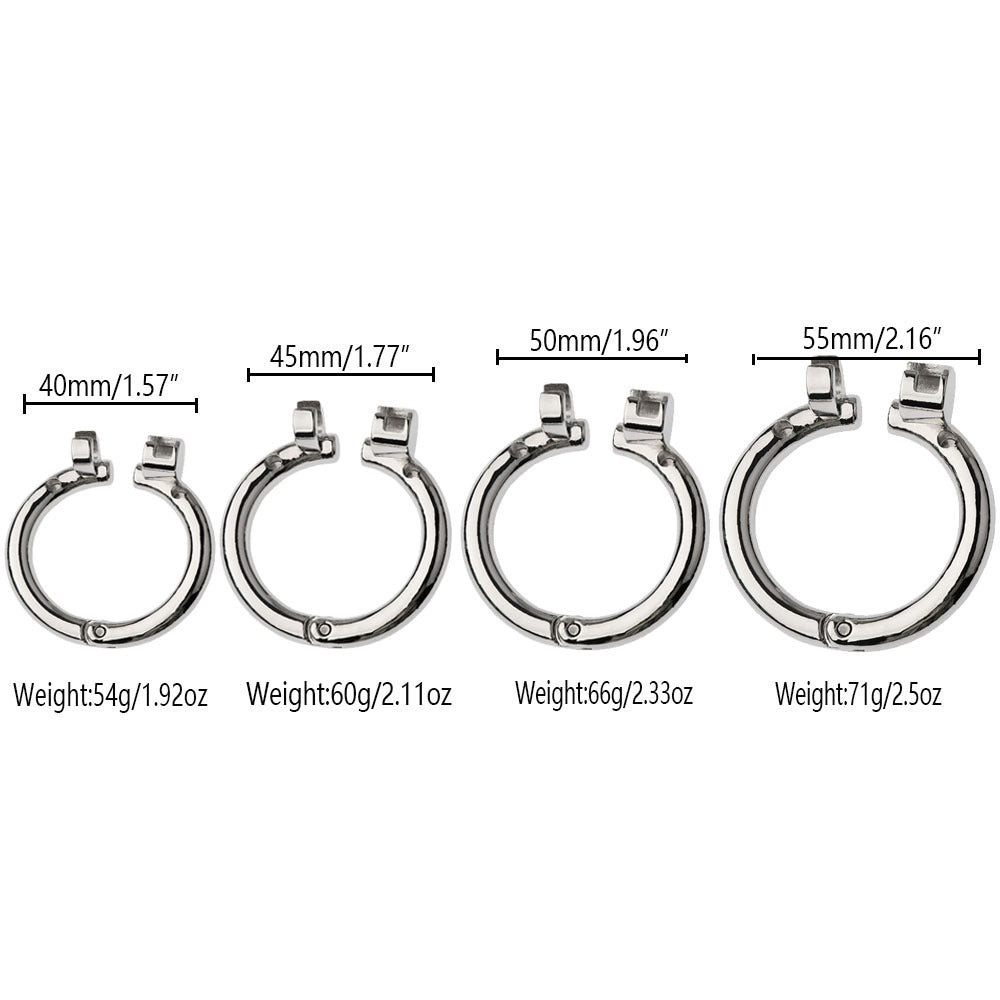Hinged base-ring chart showing 40, 45, 50 and 55 mm options
