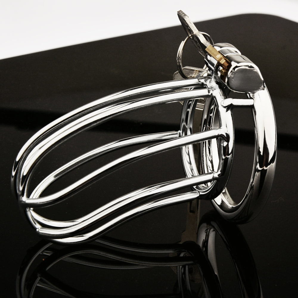 Side view of The Siebe Bonnet integrated-lock cage with keys on a black reflective surface
