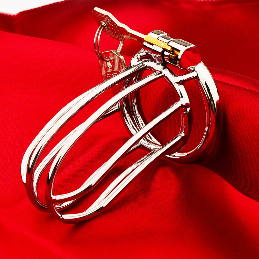 The Siebe Bonnet open-bar cage with padlock and keys on red fabric
